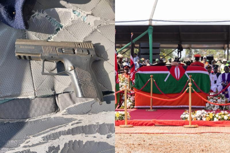 Collage photo of a pistol and casket of ODM leader Raila Odinga.